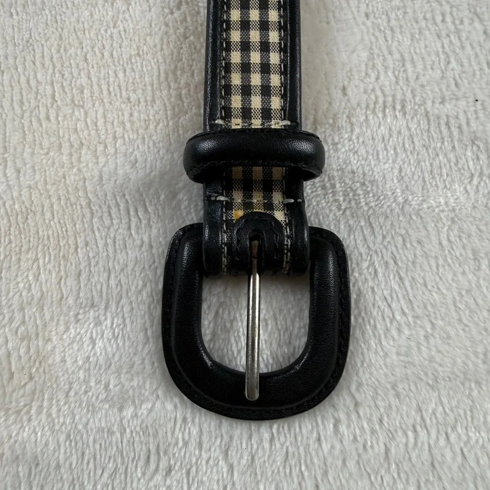 Vtg Talbots Gingham Check Belt Womens M Black Tan Genuine Leather Trim Preppy